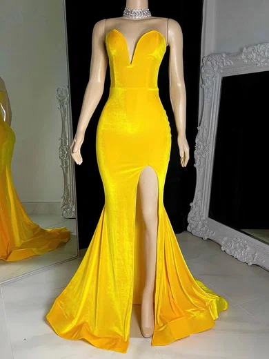Mermaid Strapless Velvet Prom Dresses With Split #UKM020117233