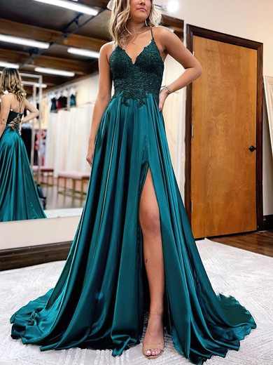 A-line V-neck Silk-like Satin Sweep Train Appliques Lace Prom Dresses #SALEUKM020112979