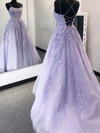 Ball Gown Scoop Neck Tulle Sweep Train Appliques Lace Prom Dresses #SALEUKM020108029