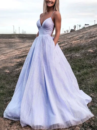 Ball Gown V neck Glitter Floor length Pockets Prom Dresses MillyBridal