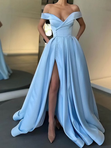 Ball Gown Off-the-shoulder Satin Sweep Train Pockets Prom Dresses #SALEUKM020107529