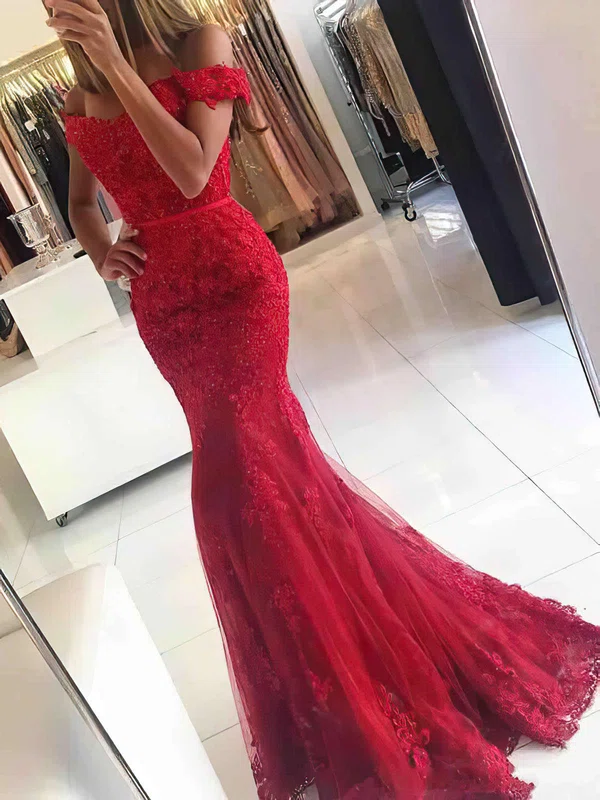 Trumpet/Mermaid Off-the-shoulder Tulle Floor-length Appliques Lace Prom Dresses #SALEUKM020102938