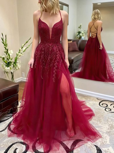 Ball Gown V-neck Tulle Sweep Train Appliques Lace Prom Dresses #SALEUKM020106992