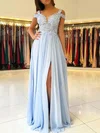 A-line V-neck Chiffon Floor-length Beading Prom Dresses #SALEUKM020105842