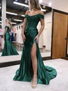 Sheath/Column Off-the-shoulder Silk-like Satin Sweep Train Appliques Lace Prom Dresses #SALEUKM020115925