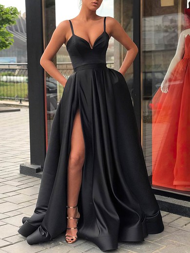 Ball Gown V-neck Satin Sweep Train Pockets Prom Dresses #SALEUKM020107144
