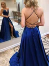 A-line V-neck Silk-like Satin Sweep Train Split Front Prom Dresses #SALEUKM020106673