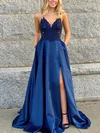 Ball Gown V-neck Satin Sweep Train Beading Prom Dresses #SALEUKM020106681
