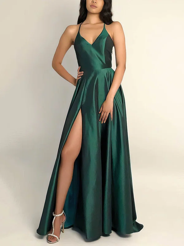 A-line V-neck Silk-like Satin Sweep Train Split Front Prom Dresses #SALEUKM020106743