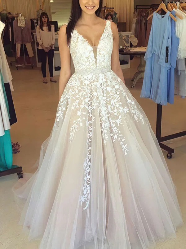 Ball Gown V-neck Tulle Floor-length Beading Prom Dresses #SALEUKM020102479