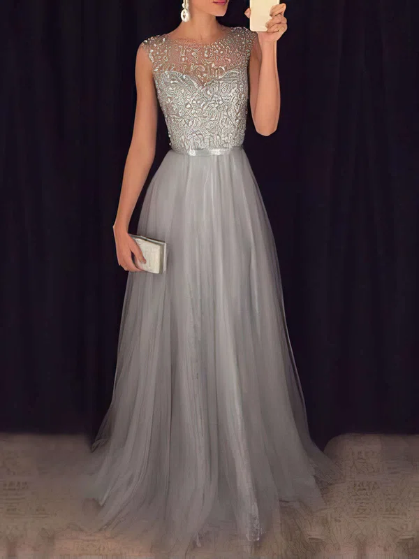 Ball Gown Scoop Neck Tulle Floor-length Beading Prom Dresses #SALEUKM020103502