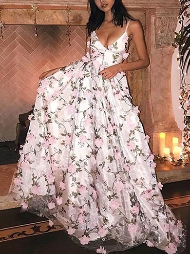 Ball Gown V-neck Tulle Sweep Train Flower(s) Prom Dresses #SALEUKM020108544