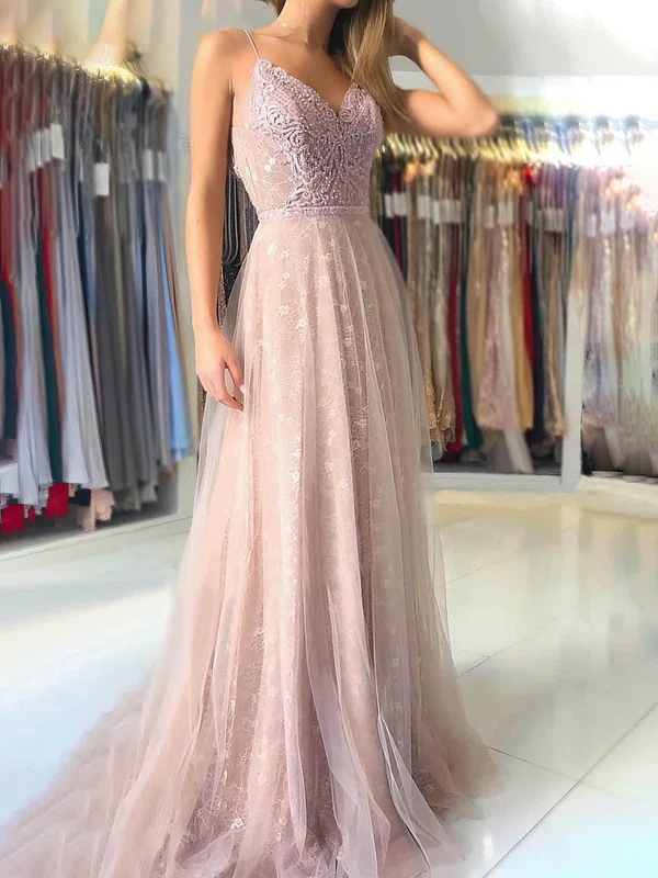 Ball Gown V-neck Lace Tulle Sweep Train Buttons Prom Dresses #SALEUKM020112982