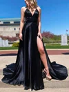A-line V-neck Silk-like Satin Sweep Train Split Front Prom Dresses #SALEUKM020107143