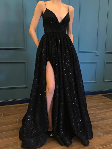 Ball Gown V-neck Glitter Sweep Train Pockets Prom Dresses #SALEUKM020106505