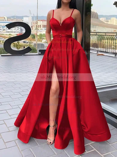 Red satin v sales neck prom dress