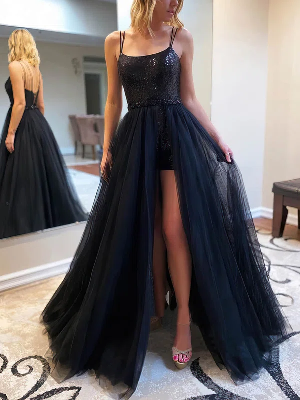Ball Gown Square Neckline Tulle Sequined Floor-length Beading Prom Dresses #SALEUKM020106784