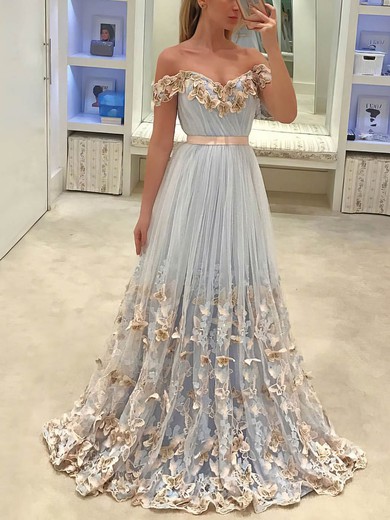 A-line Off-the-shoulder Tulle Sweep Train Appliques Lace Prom Dresses #SALEUKM020107118