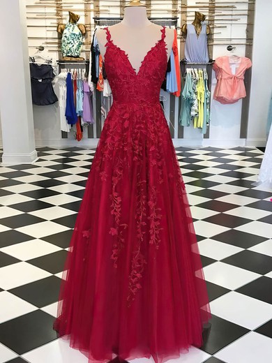 Ball Gown V-neck Lace Tulle Sweep Train Appliques Lace Prom Dresses #SALEUKM020107949