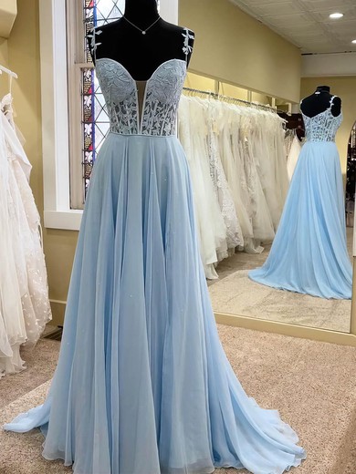 A-line V-neck Tulle Sweep Train Appliques Lace Prom Dresses #SALEUKM020108688