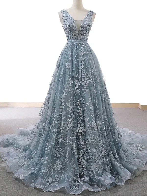 Ball Gown V-neck Lace Court Train Sashes / Ribbons Prom Dresses #SALEUKM020112132