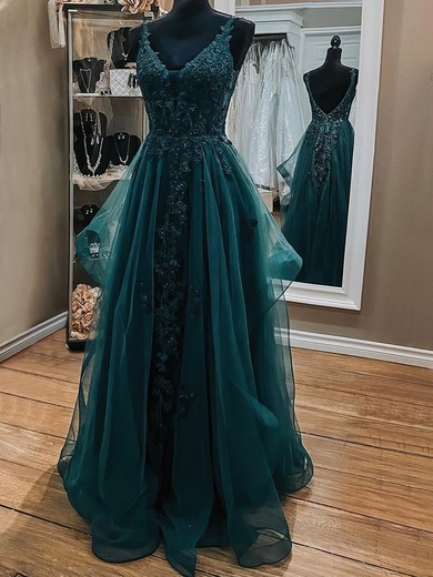 Ball Gown V-neck Tulle Floor-length Appliques Lace Prom Dresses #SALEUKM020116427