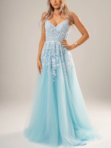 Ball Gown V-neck Tulle Sweep Train Appliques Lace Prom Dresses #SALEUKM020116702