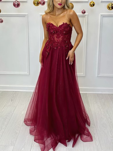 Ball Gown Sweetheart Glitter Tulle Sweep Train Appliques Lace Prom Dresses #SALEUKM020116830