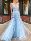 Ball Gown V-neck Lace Tulle Sweep Train Appliques Lace Prom Dresses #SALEUKM020115941