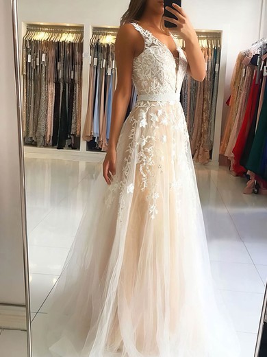 Ball Gown V-neck Tulle Lace Sweep Train Beading Prom Dresses #SALEUKM020108133