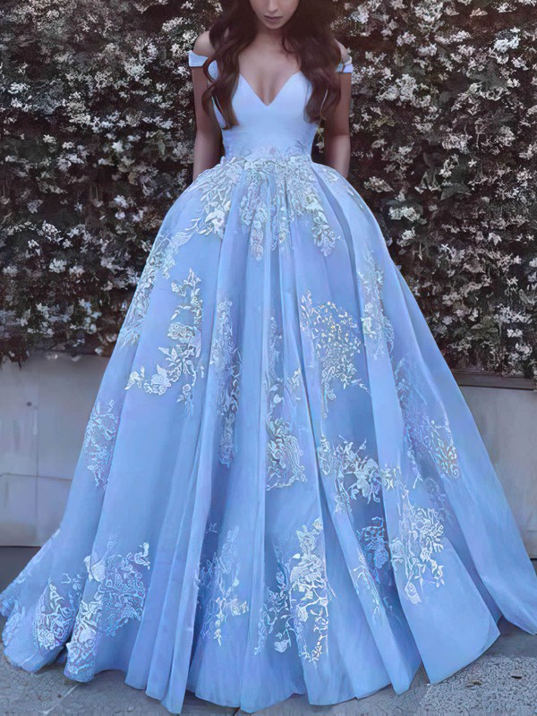 Ball Gown Off-the-shoulder Tulle Sweep Train Appliques Lace Prom ...