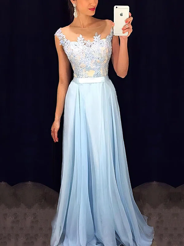 A-line Scoop Neck Chiffon Floor-length Appliques Lace Prom Dresses #SALEUKM020101989