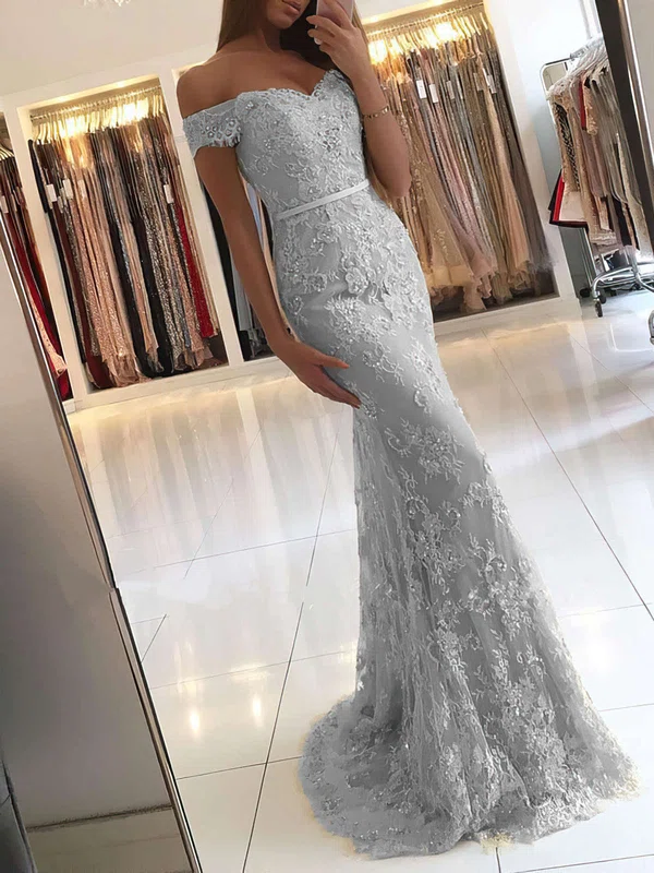 Trumpet/Mermaid Off-the-shoulder Lace Sweep Train Appliques Lace Prom Dresses #SALEUKM020104963