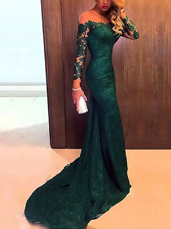 Trumpet/Mermaid Illusion Lace Tulle Sweep Train Appliques Lace Prom Dresses #SALEUKM020102176