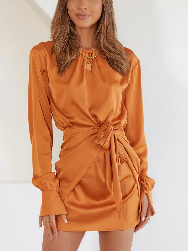 Orange Ruched Satin Long Sleeve Mini Dress PT02023613