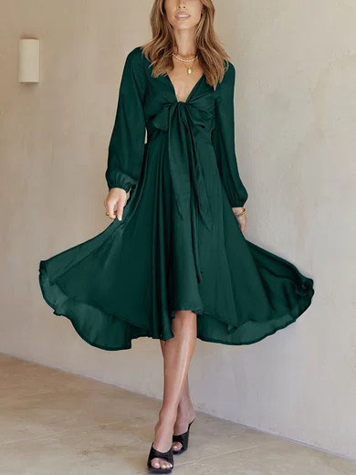 Flowy Dark Green Chiffon A-line V-neck Long Sleeve Midi Dress PT02023631