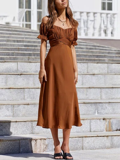 Off Shoulder Ruched Chiffon Midi Dress GT02023633