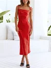 Red Draped Collar Ruched Satin Midi Dress PT02023704