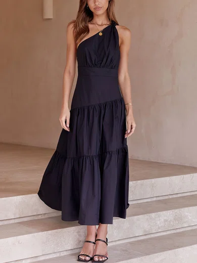 Elegant Black Satin A-line One Shoulder Ruched Maxi Dress PT02023718