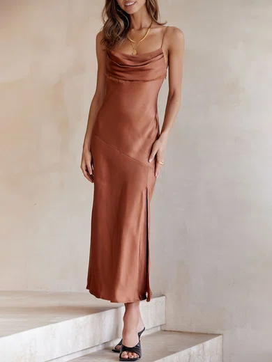 Elegant Sheath/Column Satin Ruched Split Maxi Dress PT02023741
