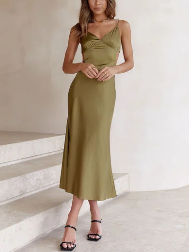 Green Ruched Satin Midi Dress GD02023745