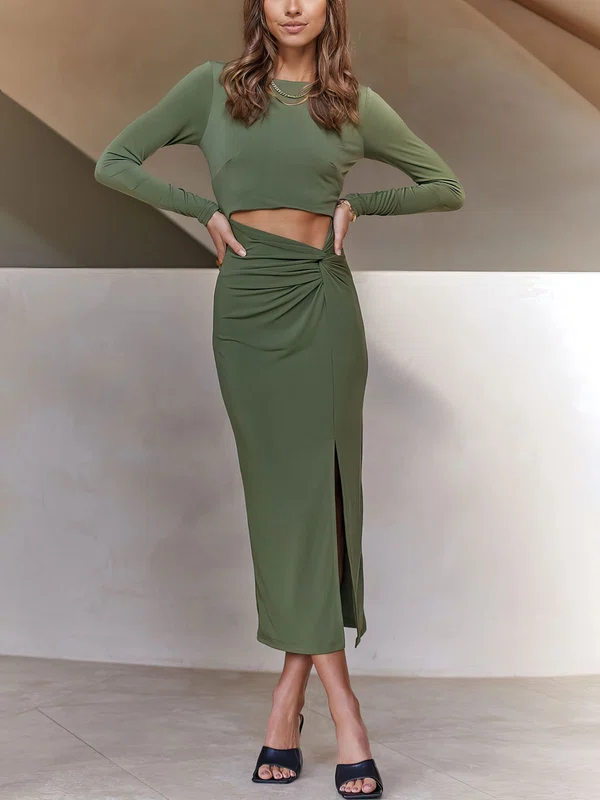 Green Cut Out Long Sleeve Split Bodycon Maxi Dress GD02023763