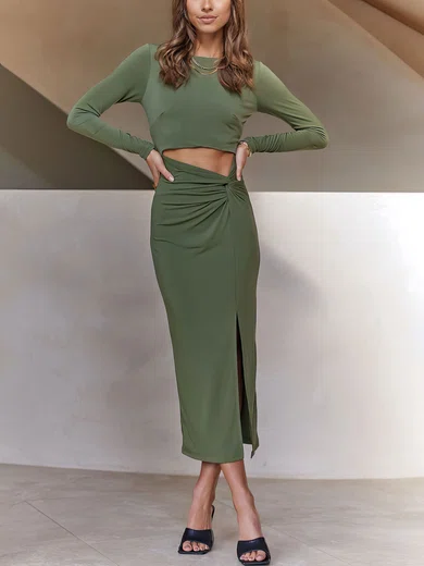Green Cut Out Long Sleeve Split Bodycon Maxi Dress GT02023763
