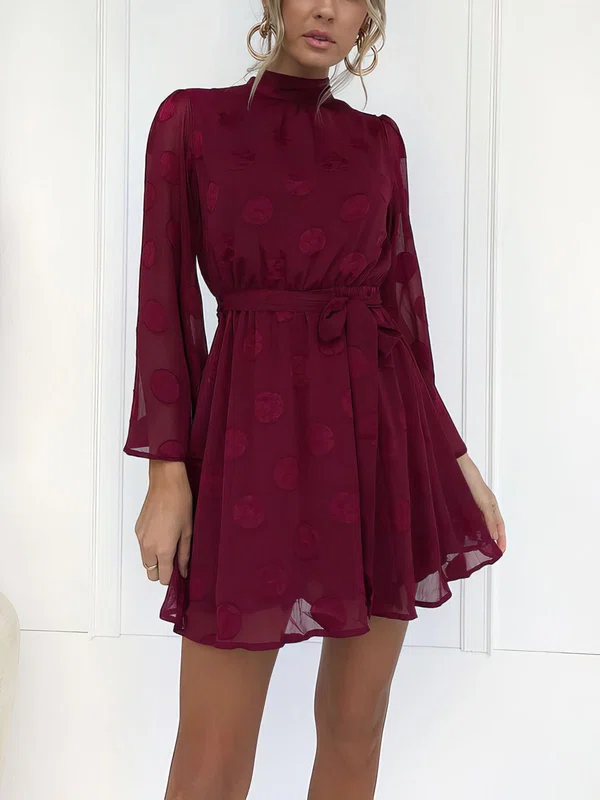 Elegant Burgundy Lace A-line Long Sleeve Mini Dress PT02023583