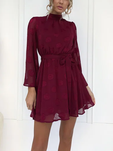 Elegant Burgundy Lace A-line Long Sleeve Mini Dress PT02023583