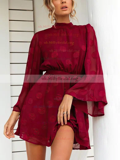 Burgundy High Neck Lace Long Sleeve Mini Dress MillyBridal