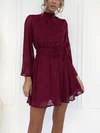 Burgundy High Neck Lace Long Sleeve Mini Dress PT02023583