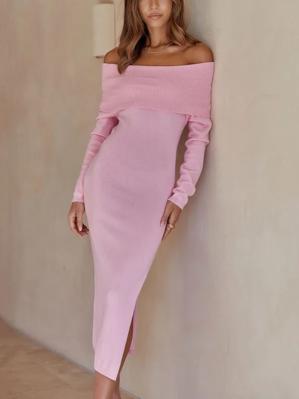 Pink Off Shoulder Long Sleeve Split Bodycon Midi Dress PT02023781