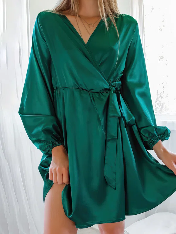 Green Satin Long Sleeves Mini Dress PT020116915