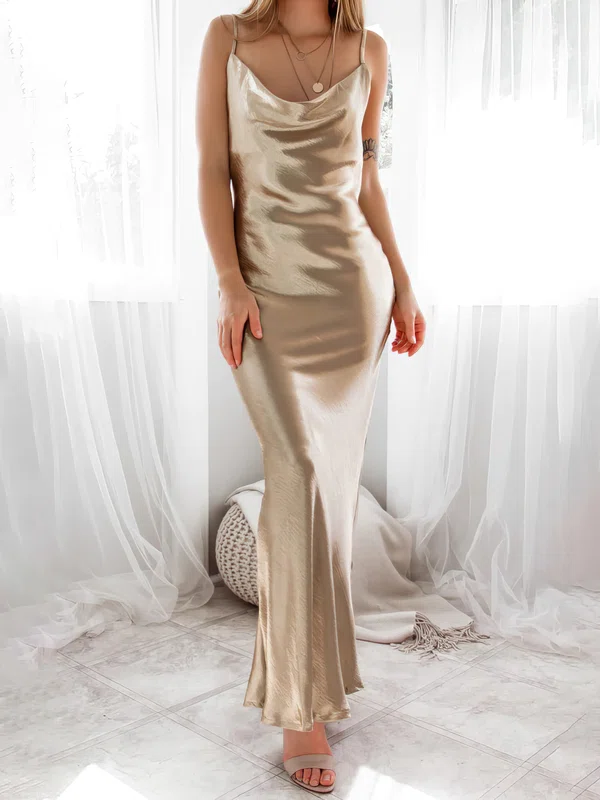 Champagne Gold Draped Collar Satin Maxi Dress GD020117135